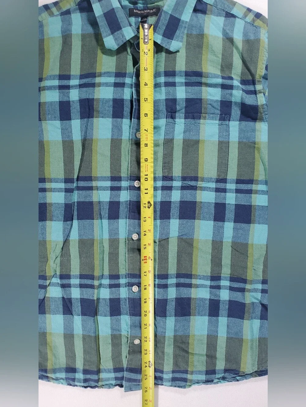 Banana Republic Mens XL Shirt Blue Green Plaid Linen Cotton Short Sleeve Pocket